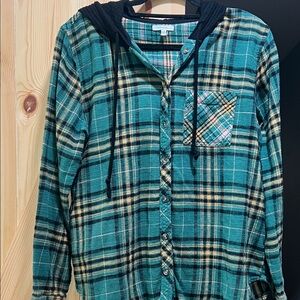 Maurices Teal and Black Plaid Hooded Shirt size large